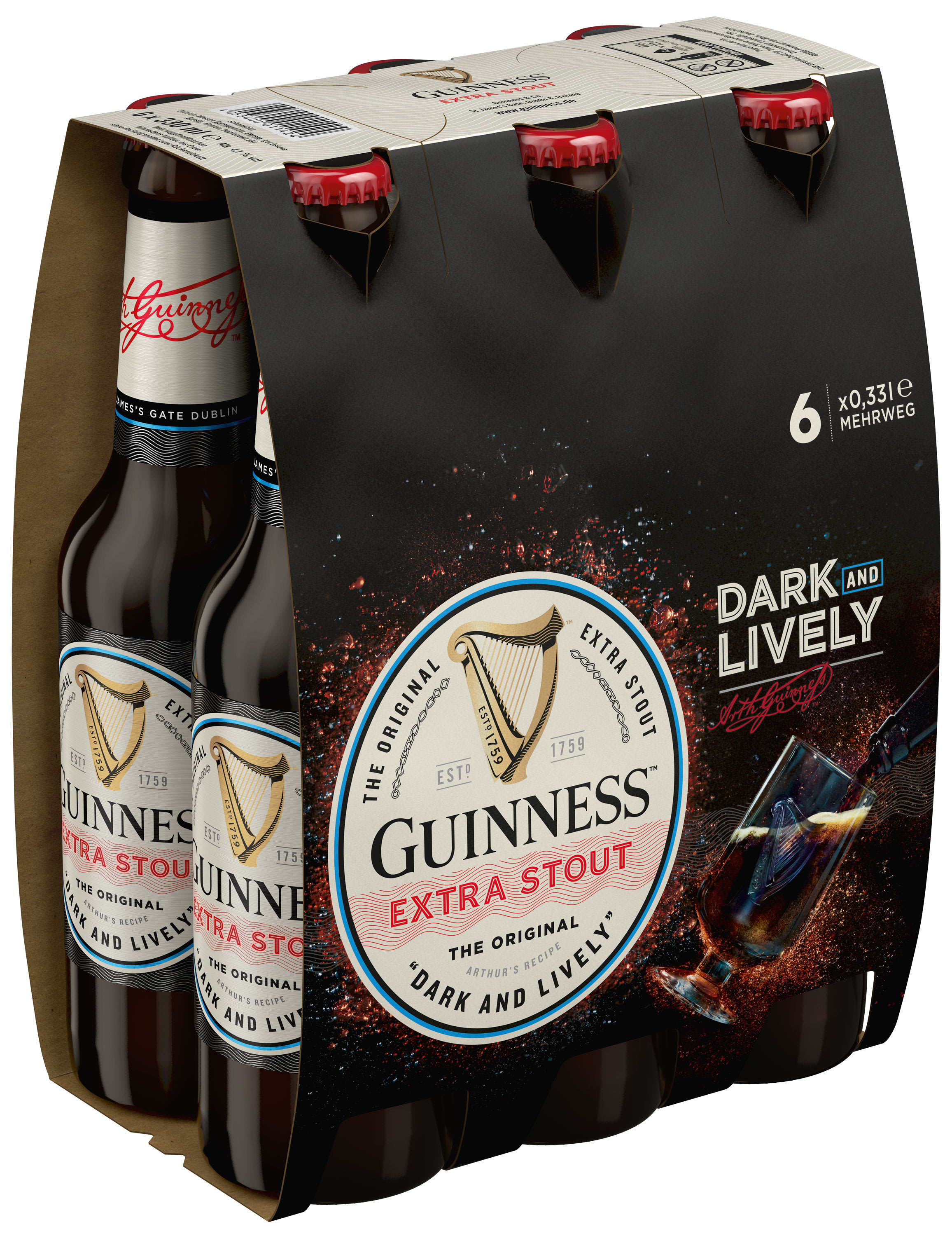 Guinness Extra Stout 6er Pack 6 x 0,33 l Glas Mehrweg